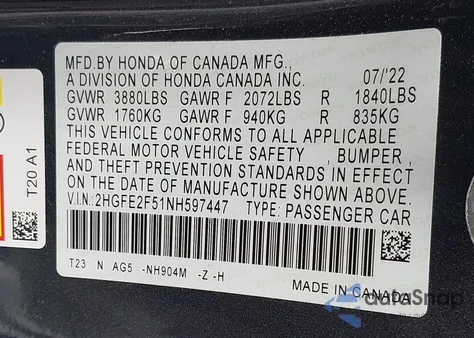 2022 Honda Civic Sport from USA, damaged, VIN 2HGFE2F51NH597447